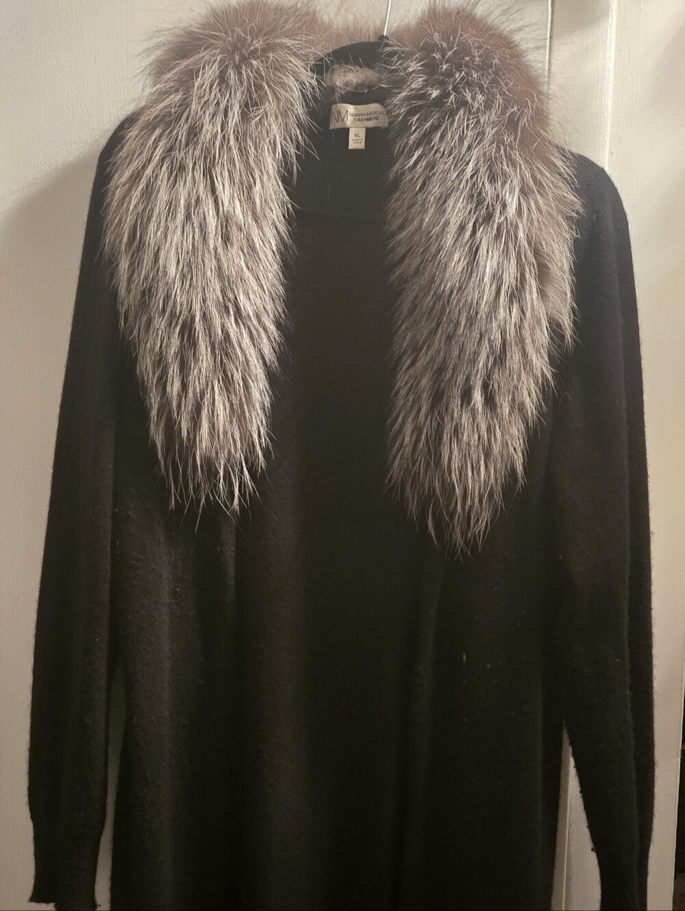 Neiman Marcus Cashmere Black Silver Fox-Collar Coat Size XL Like New